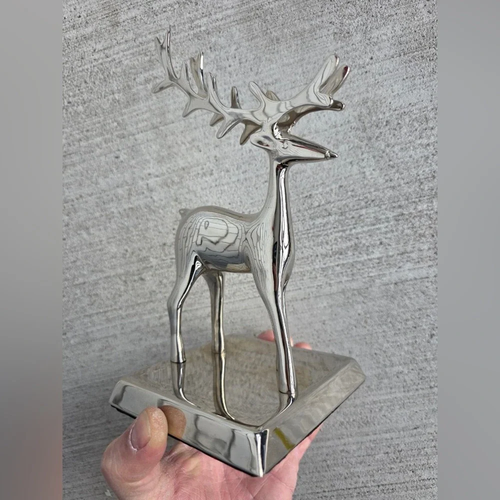 Crate & Barrel Silver Reindeer Stocking Holder / Hook 9” Modern Holiday Decor